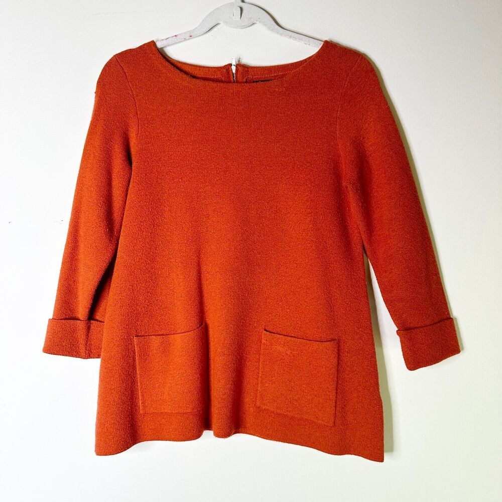 CYNTHIA ROWLEY Tunic Sweater Womens S Red Knit Patch Pockets Boat Cozy Oversize